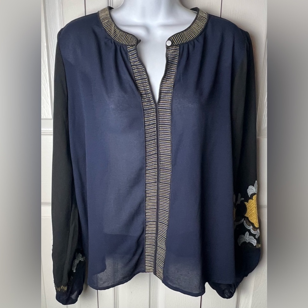 VANESSA VIRGINIA Embroidered Blouse Boho Black Blue Sheer Anthropologie Large - Picture 2 of 11